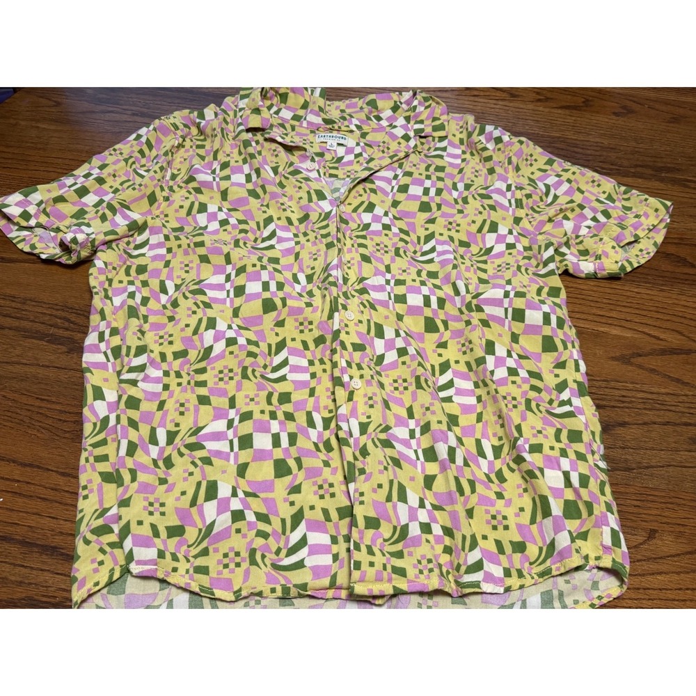 Earthbound Trading Co Mens Large Rayon Psychedelic Warped Checkerboard Shirt 609